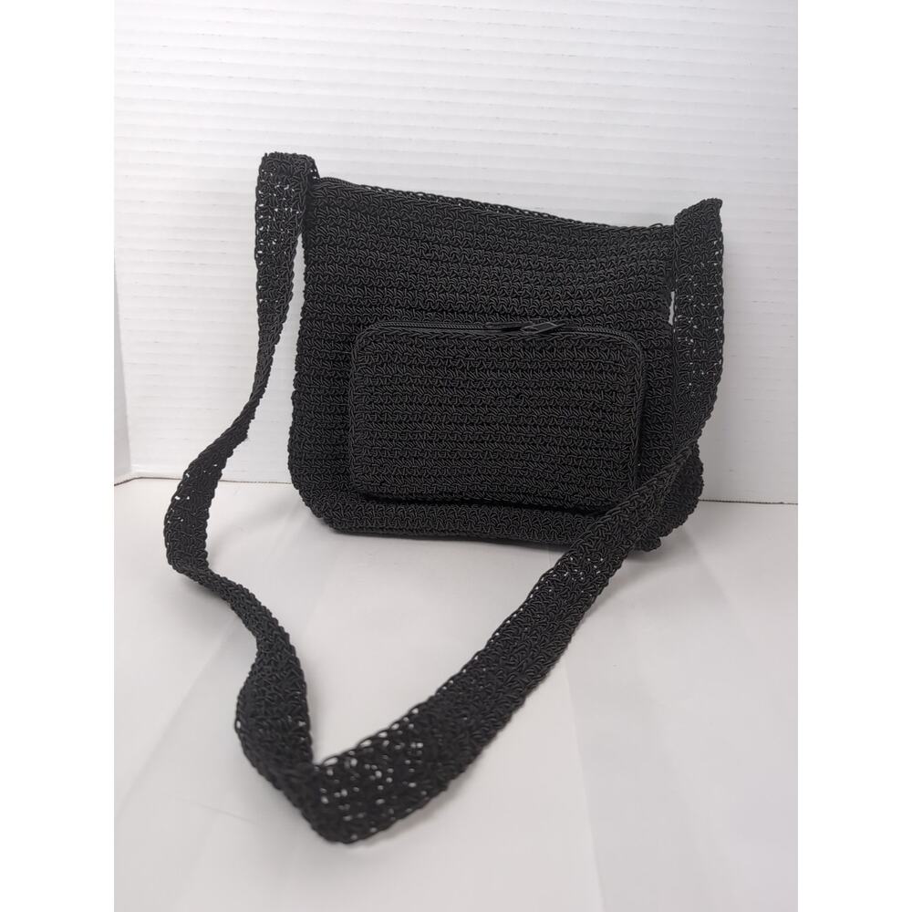 Black Crochet Crossbody Shoulder Bag with Front Zip Pouch
